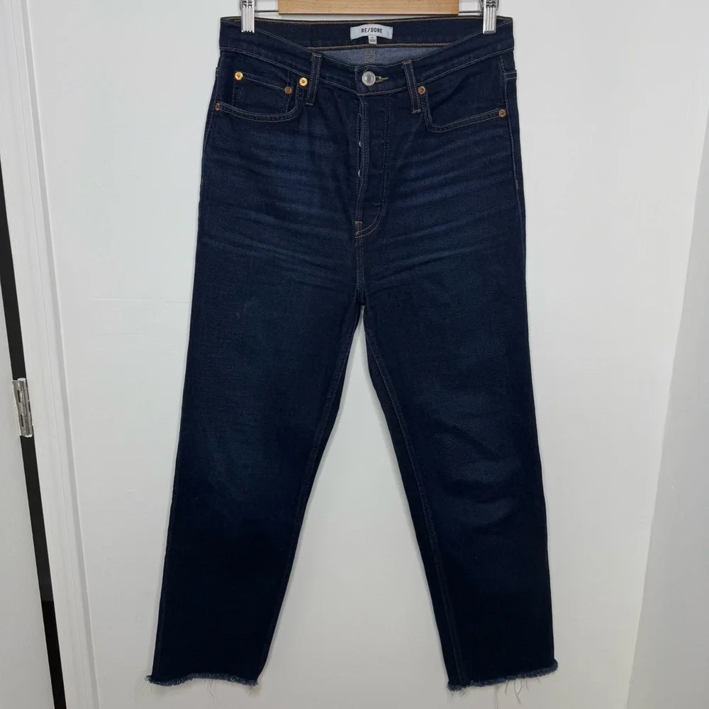 RE/DONE Dark Rinse Stovepipe Raw Hem Denim Jeans